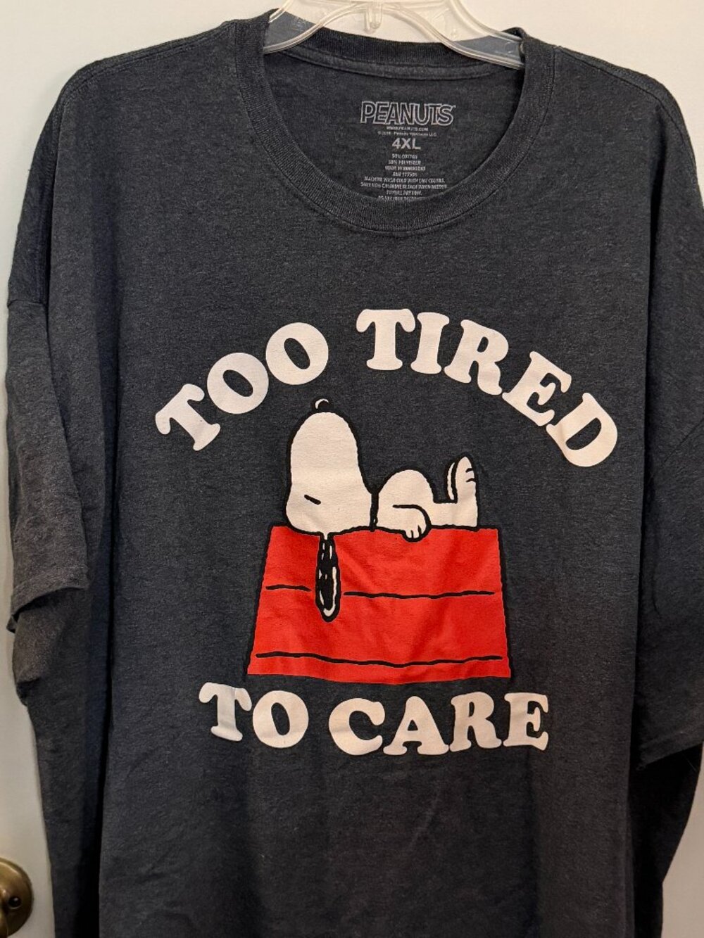 SNOOPY PEANUTS DK GRAY GRAPHIC T-SHIRT TOO TIRED TO CARE  SZ 4XL Nightshirt #1